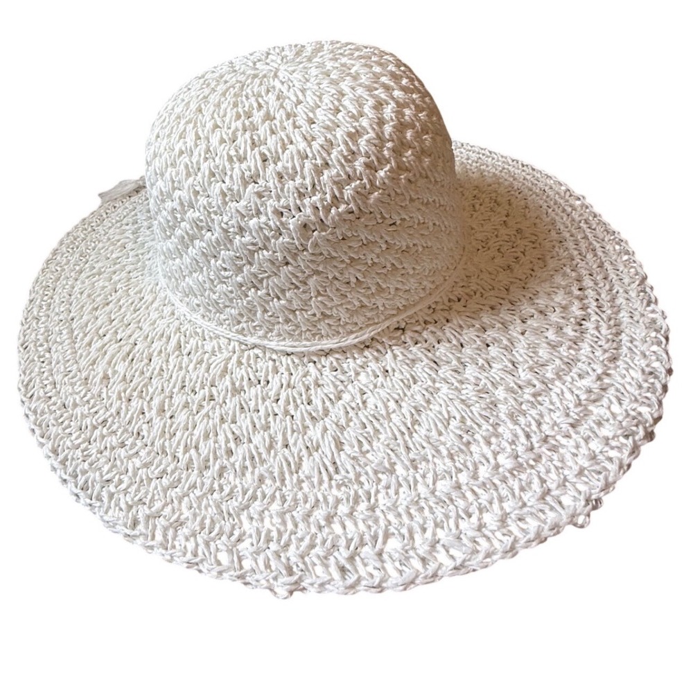 Cappelli Straw World White Crochet Toyo Straw Wide‎ Brim Sun Hat Tassels CSW432